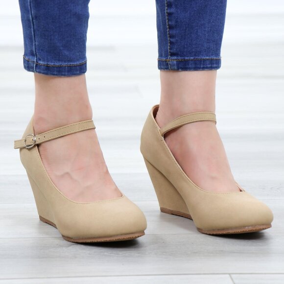 Faux Nubuck Leather Low Wedge Classy Heel - Picture 2 of 13